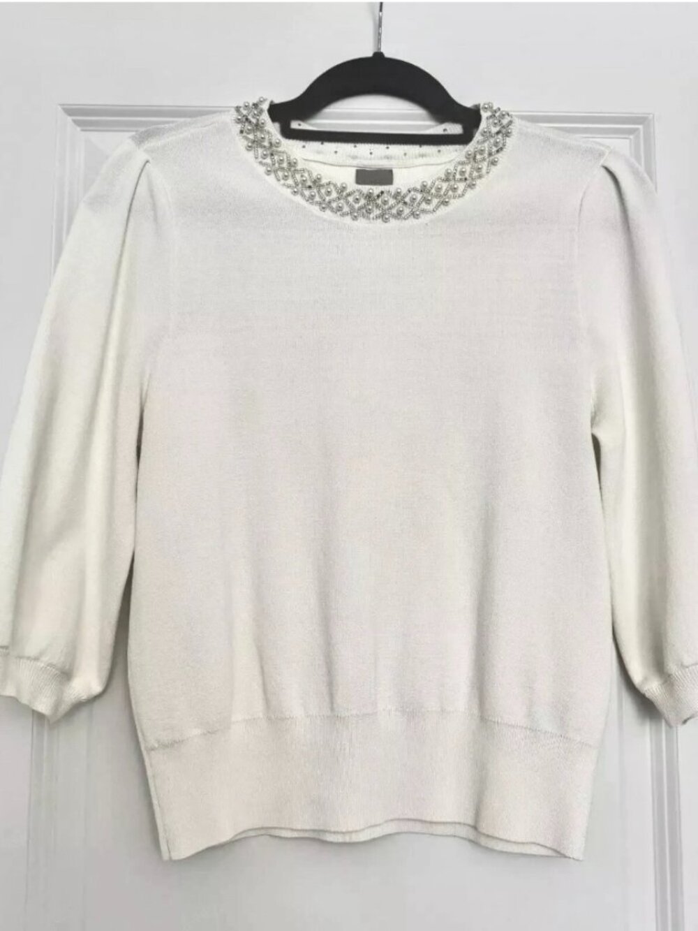 H&M Women’s Ivory Pearl Beaded Sweater 3/4 Sleeve Holiday SZ: M